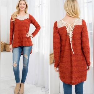 NWT Ryu A'reve boutique brick red crochet sweater. M/L